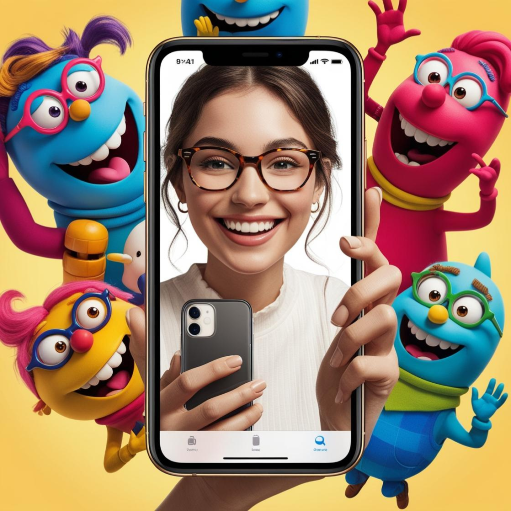 A cheerful woman takes a selfie on her phone, surrounded by colorful, animated characters excitedly posing around her.