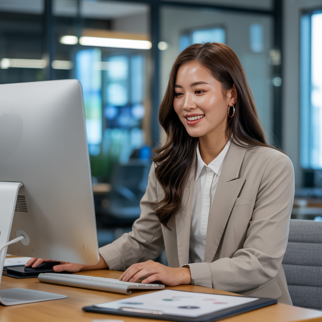 Professional young woman smiling at her desk while working on a computer in a modern office setting.